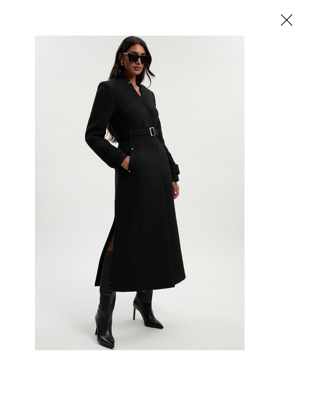 Karen Millen Black Belted Maxi Coat with Side Slit